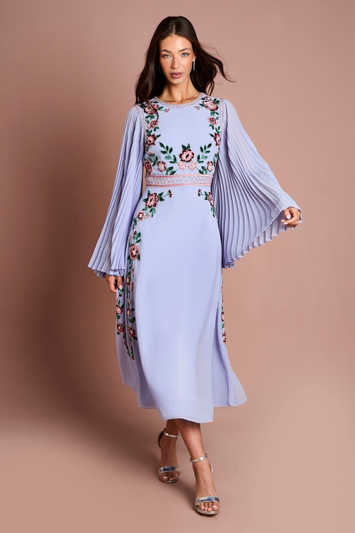 Coast Coast Women's Pleated Sleeve Beaded Floral Midi Dress in Light Blue