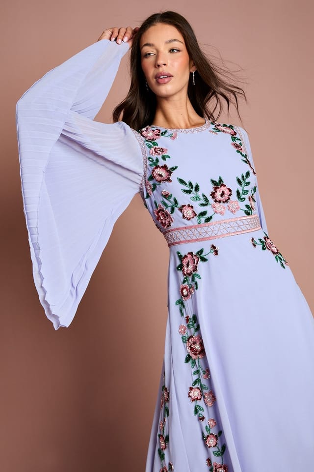 Coast Coast Women's Pleated Sleeve Beaded Floral Midi Dress in Light Blue - 2