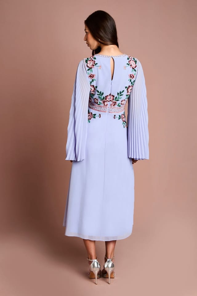 Coast Coast Women's Pleated Sleeve Beaded Floral Midi Dress in Light Blue - 3