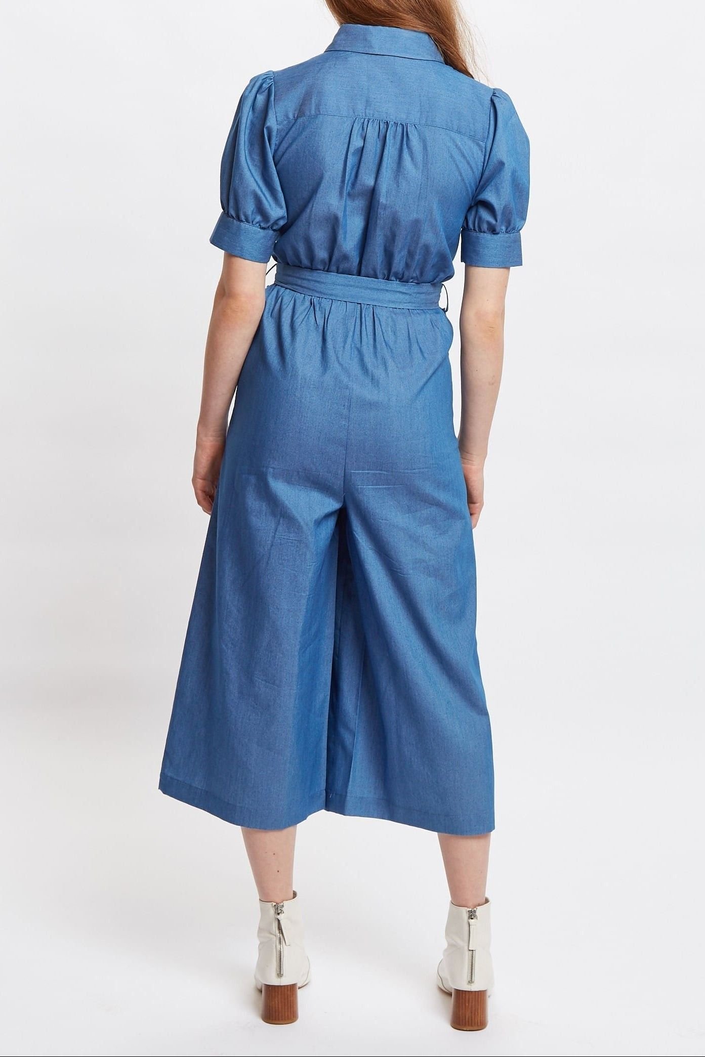 Louche Louche Women's Magda Chambray Short Sleeve Cropped Jumpsuit in Blue - 2