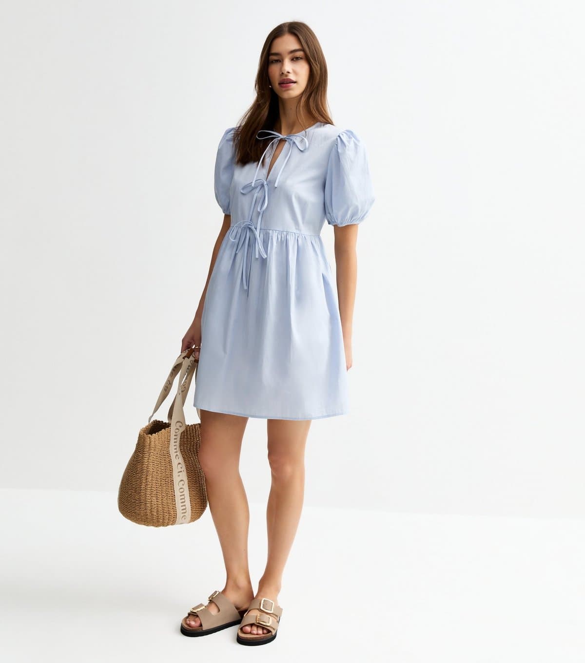 New Look Women's Light Blue Tie Front Bow Detail Mini Dress New Look