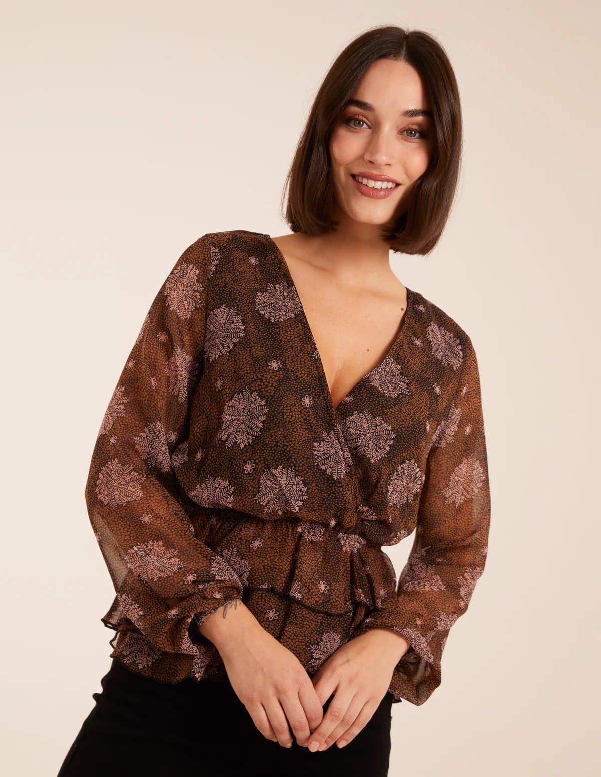 Blue Vanilla Floral Ruffle Wrap Blouse