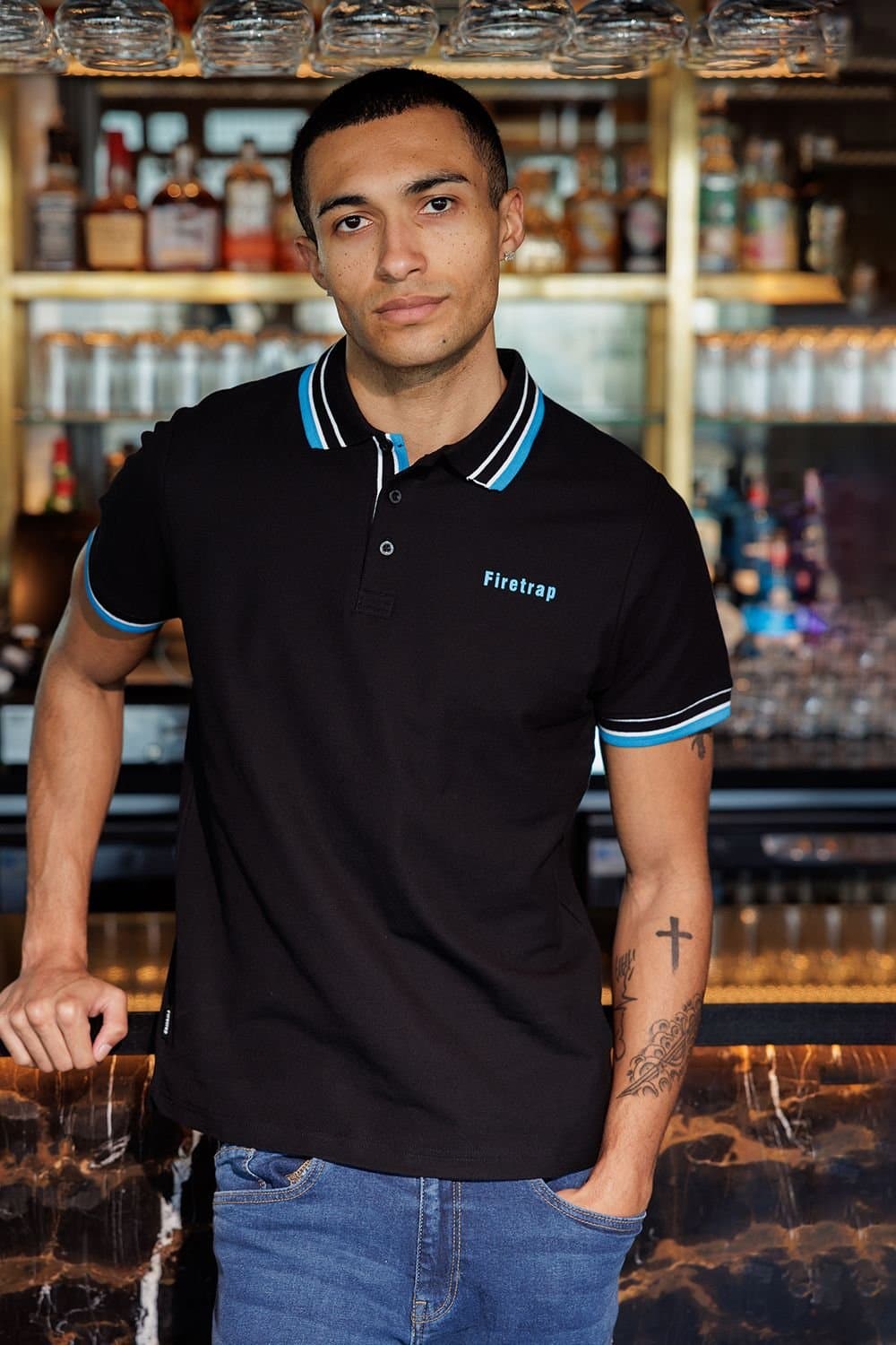 Firetrap Firetrap Men's Regular Fit Cotton Button Polo Shirt with Contrast Trim in Black