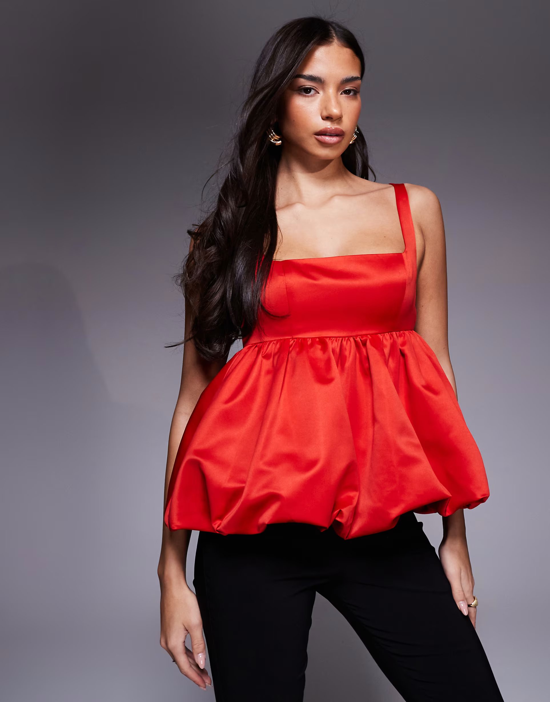 ASOS ASOS LUXE satin bubble peplum cami top in red - 1