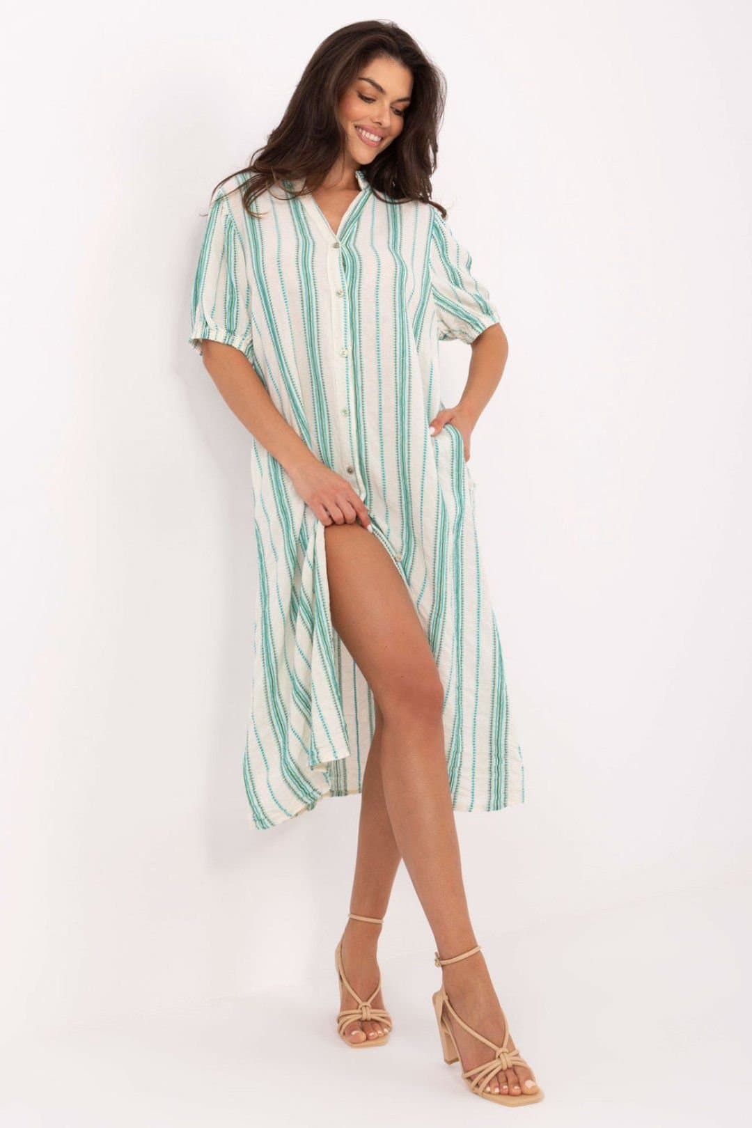 Love Lace Love Lace Women's Boho Midi Shirt Dress with Side Pockets in Green