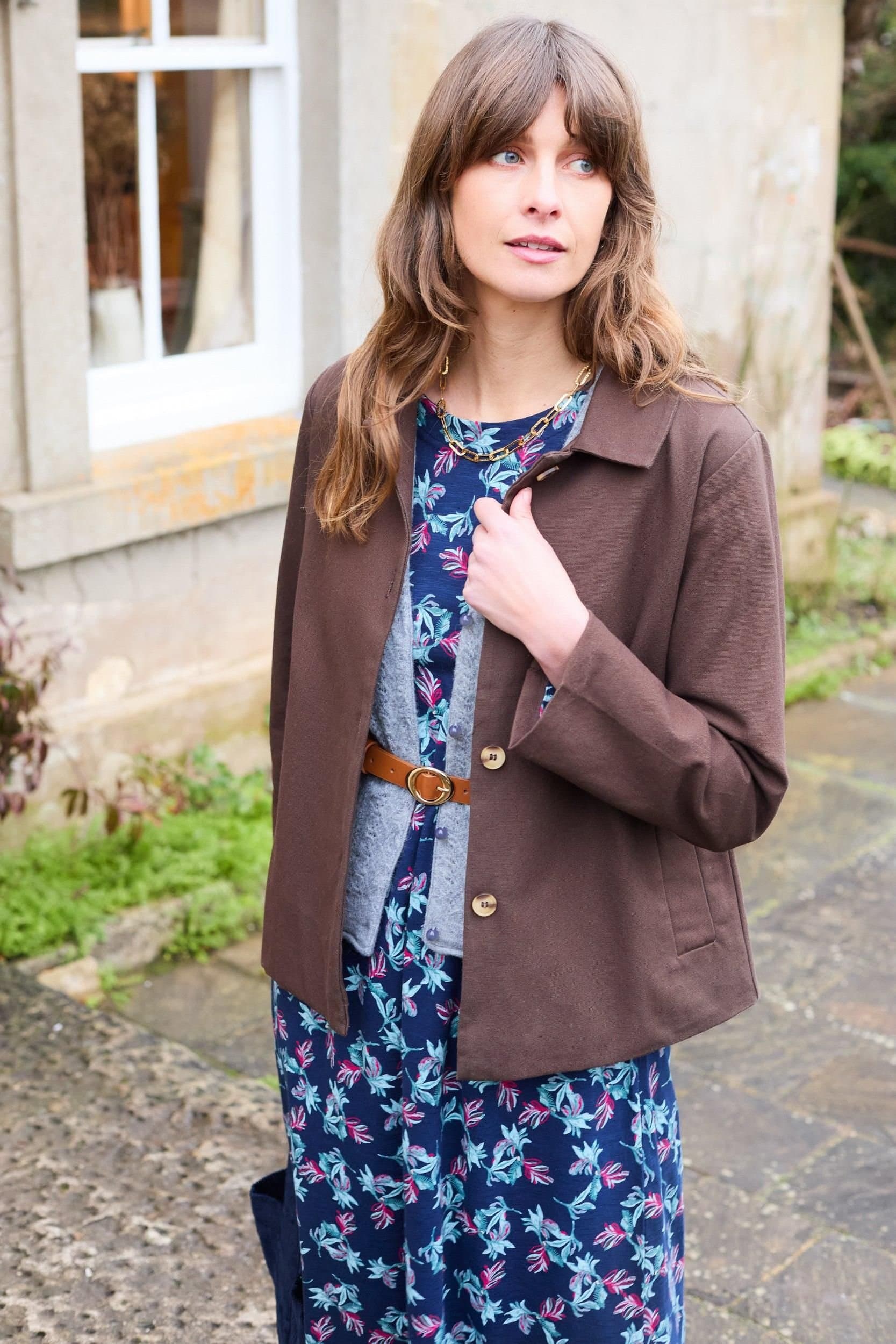 Lily & Me Lily & Me Women's Sycamore Fully lined Cotton Canvas Jacket with Mock horn buttons in Chocolate