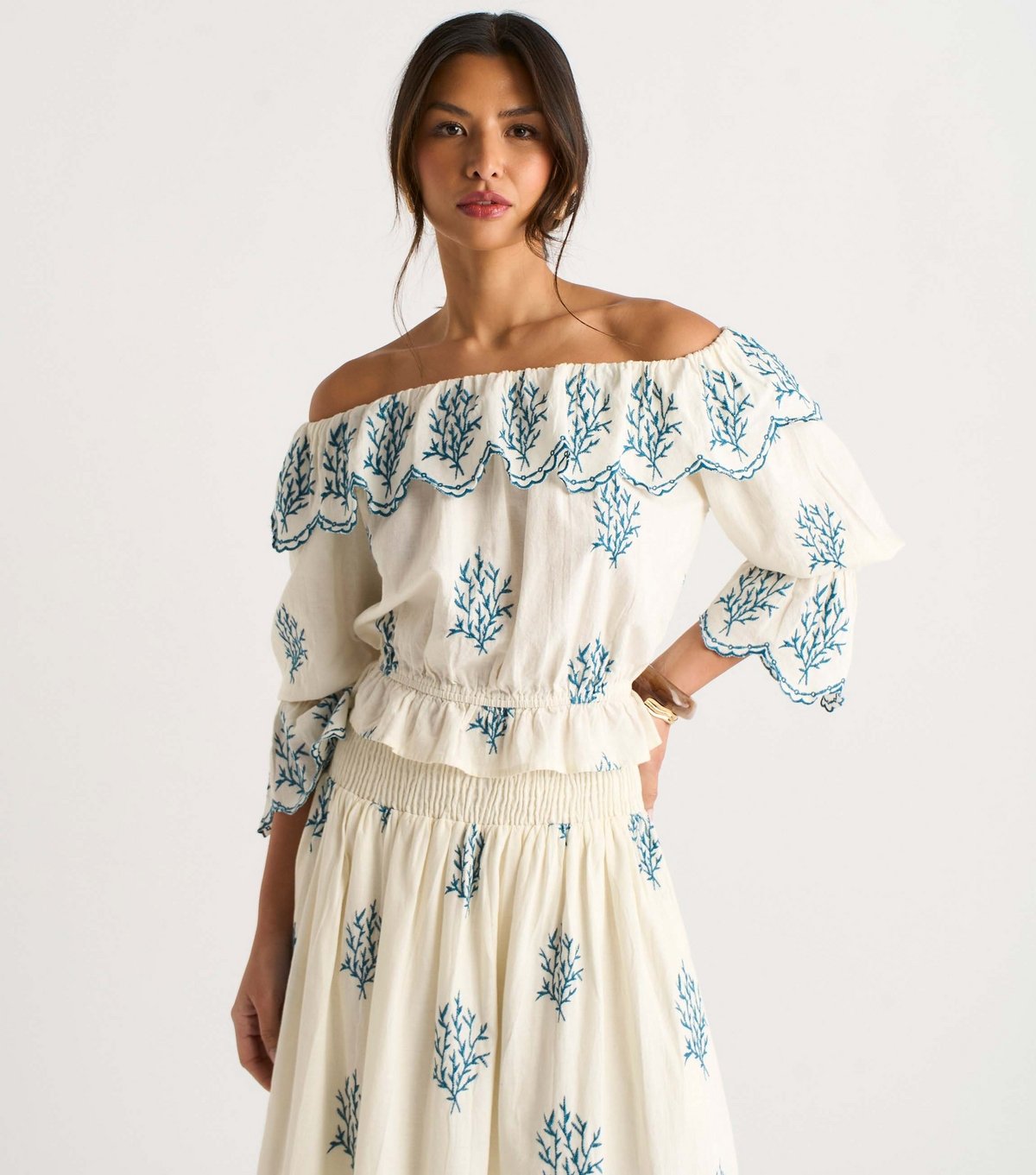 Gini London Women's Off White Cotton Embroidered Bardot Top Gini London New Look - 2