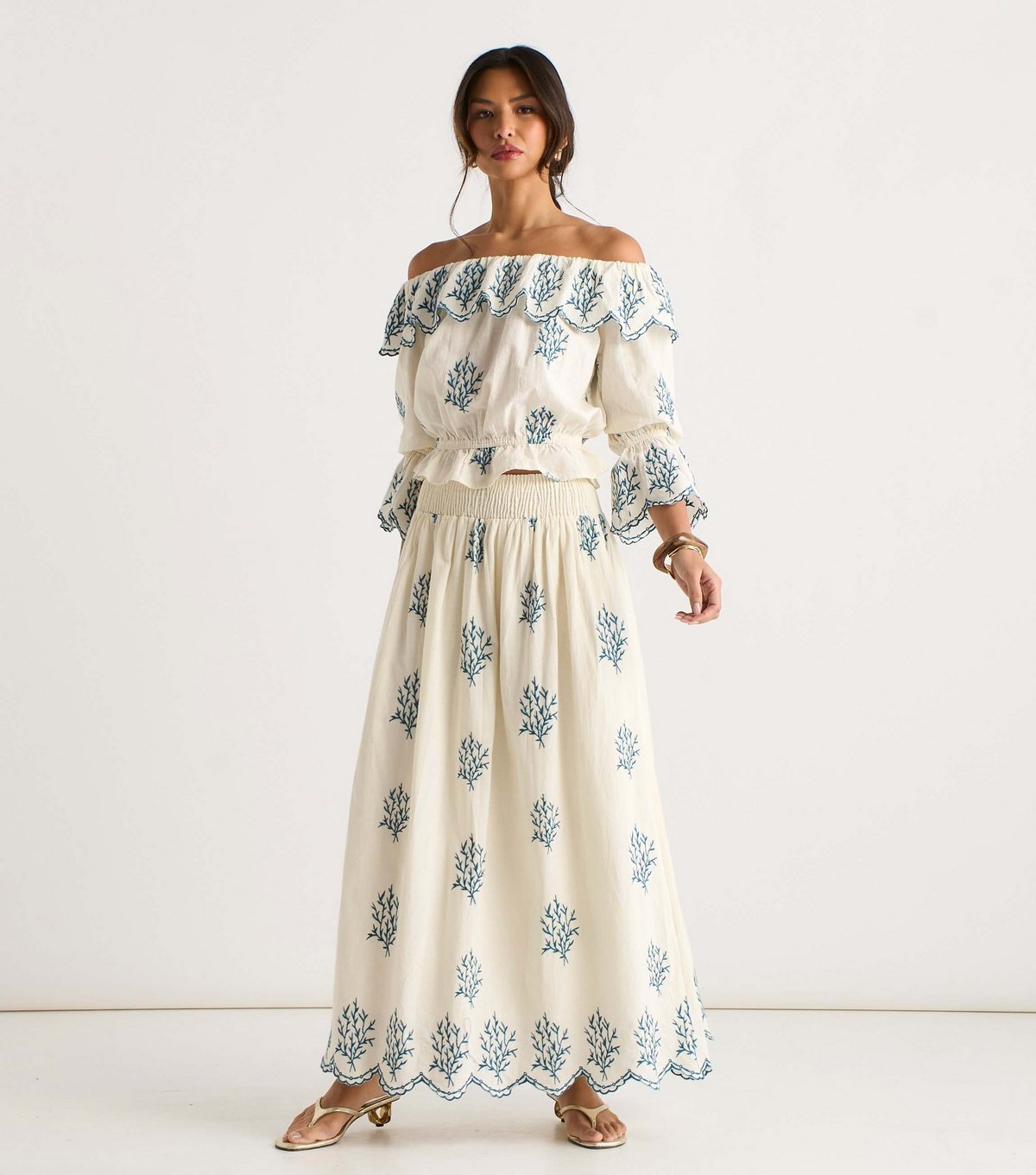 Gini London Women's Off White Cotton Embroidered Bardot Top Gini London New Look - 4