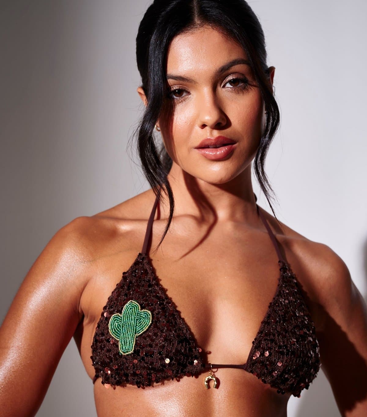 South Beach Women's Brown Sequinned Crochet Triangle Bikini Top South Beach New Look