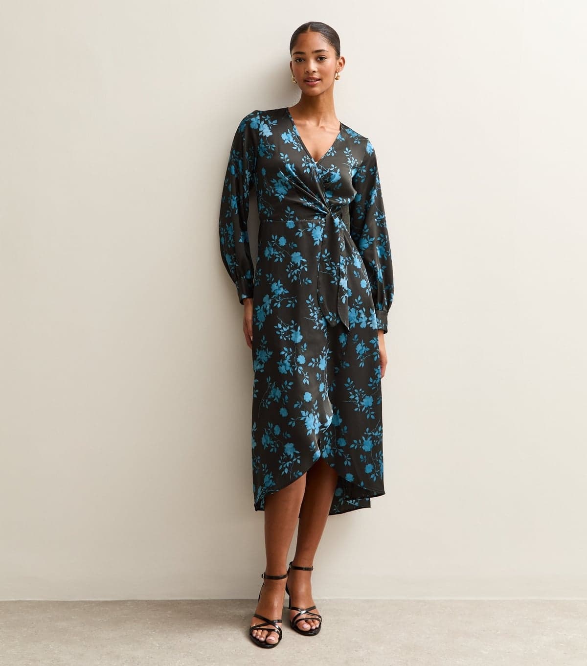 New Look Women's Blue Floral Satin Wrap Midi Dress New Look