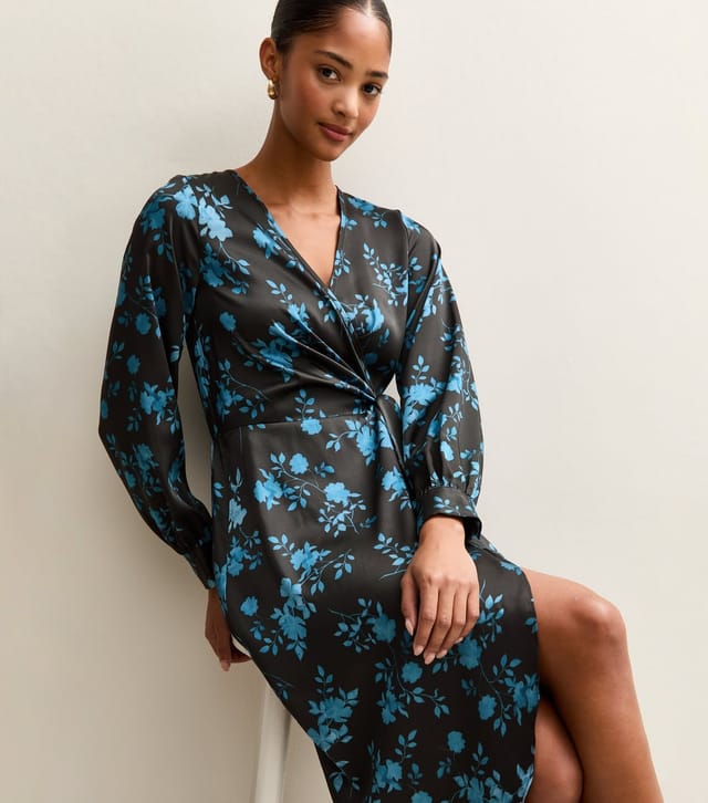New Look Women's Blue Floral Satin Wrap Midi Dress New Look - 3