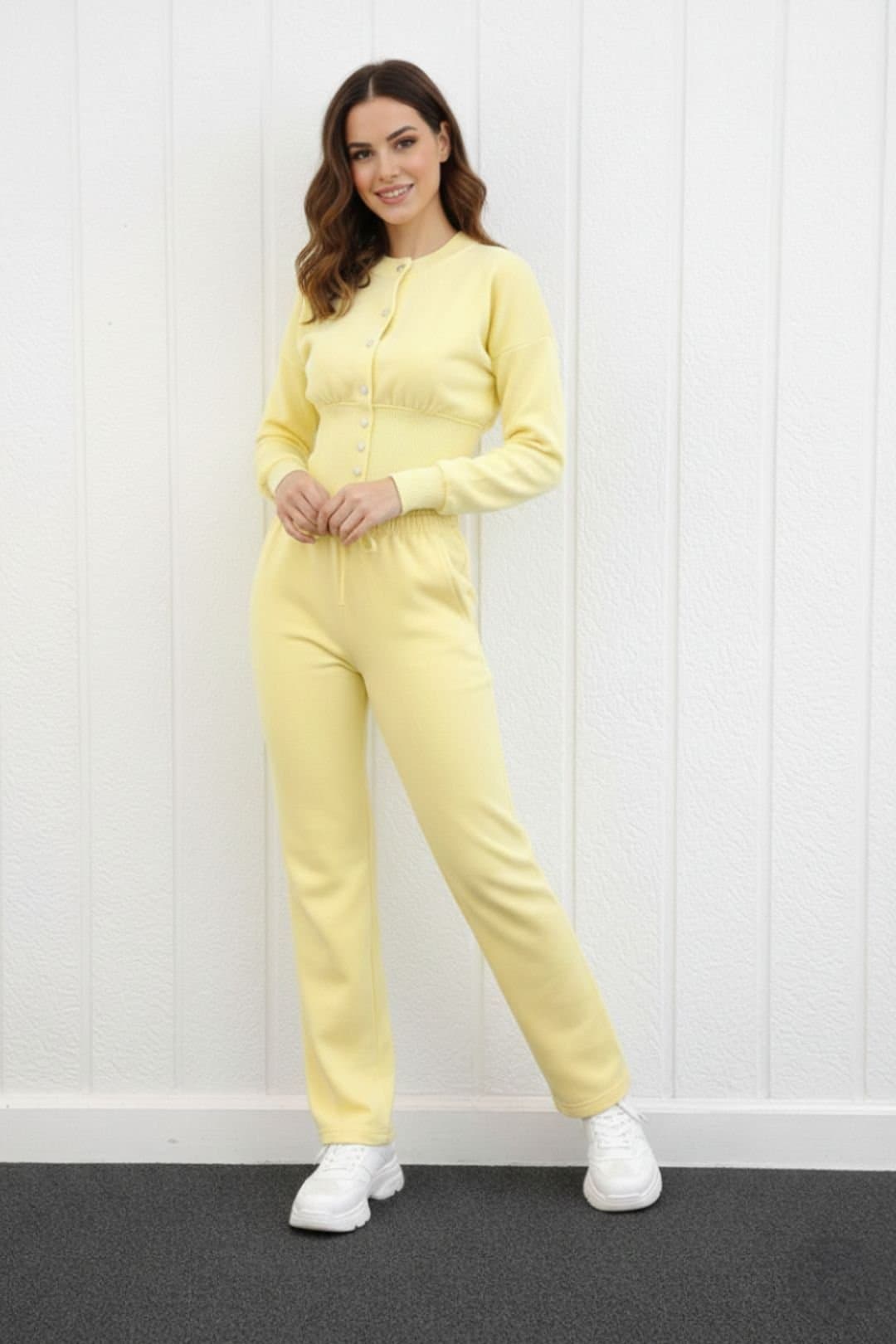 STYLEWISE STYLEWISE Women's Button-Up Sweatshirt & Wide Leg Trouser - Two-Piece Tracksuit in Yellow