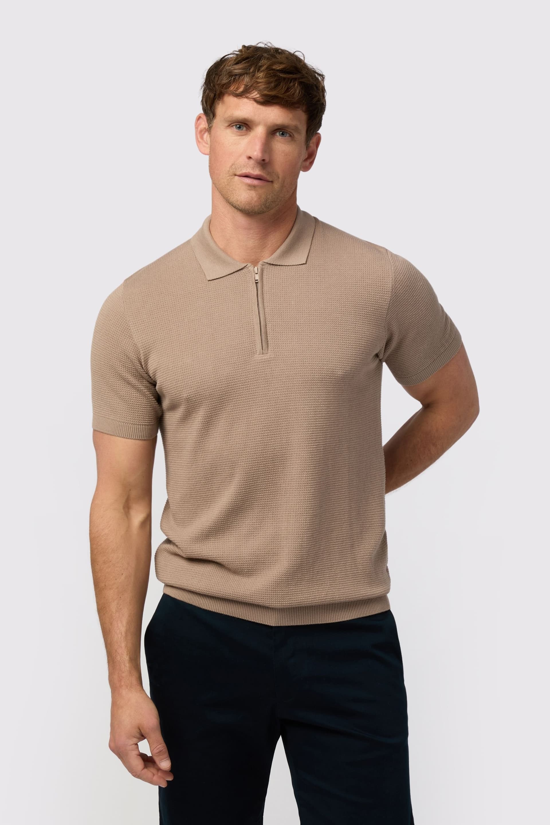 Melka Melka Beige Modal Cotton Quarter Zip Polo Shirt