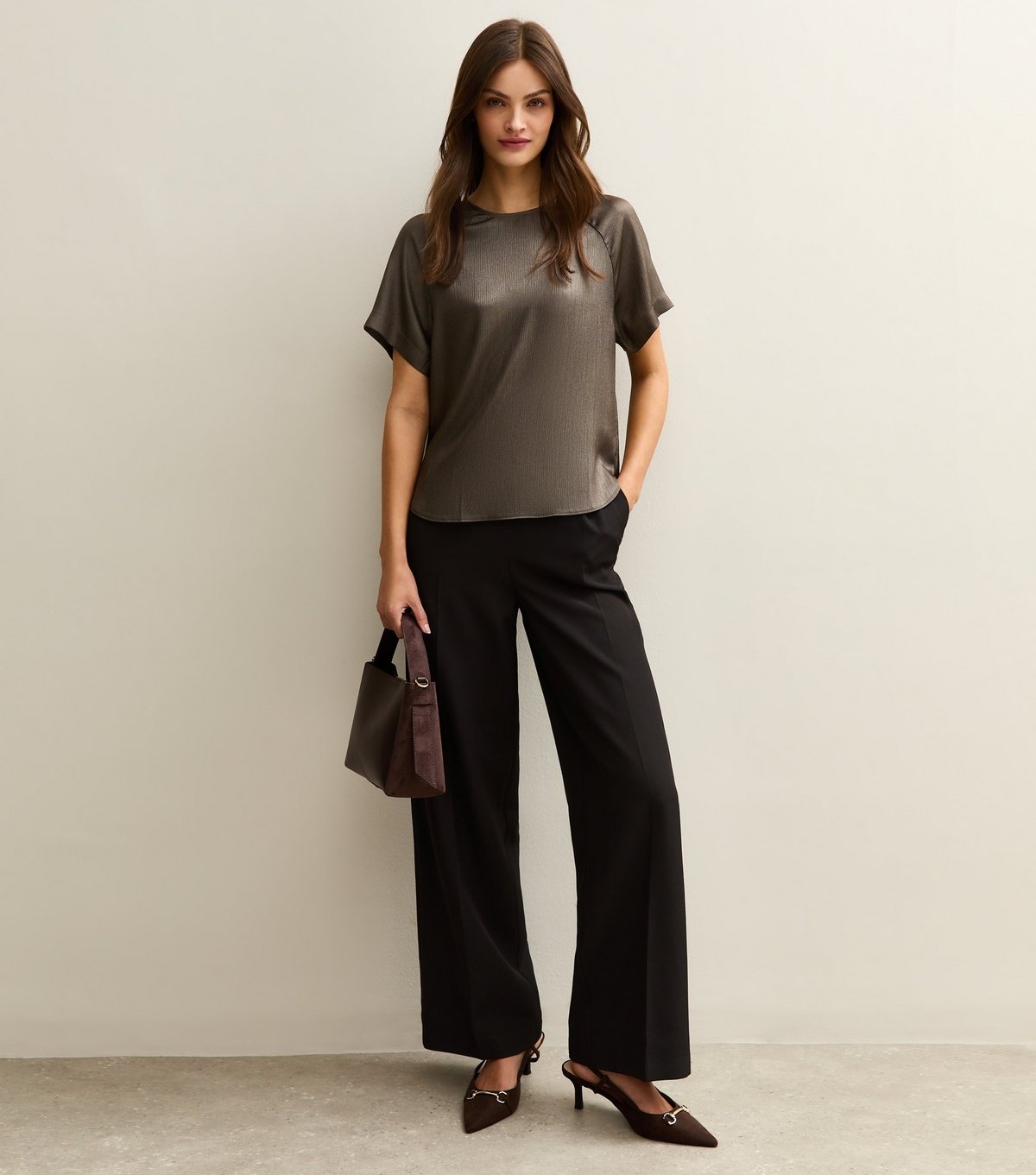 New Look Women's Tall Gunmetal Satin Short Sleeve Top New Look - 2