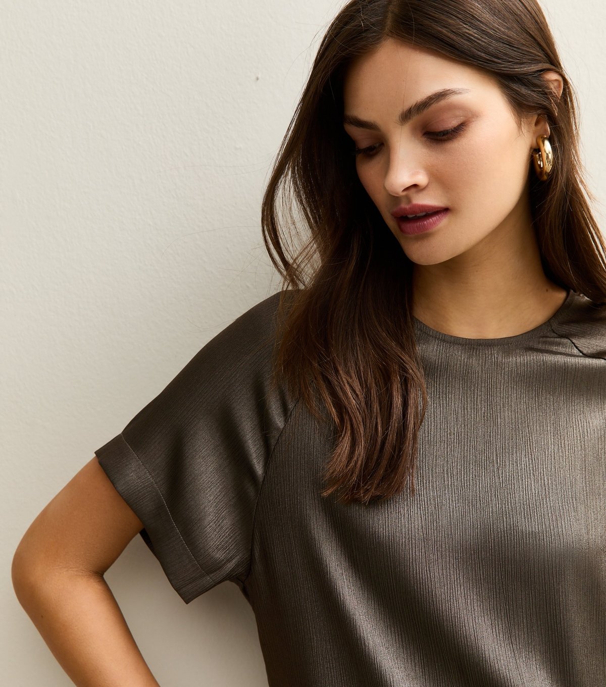 New Look Women's Tall Gunmetal Satin Short Sleeve Top New Look - 3