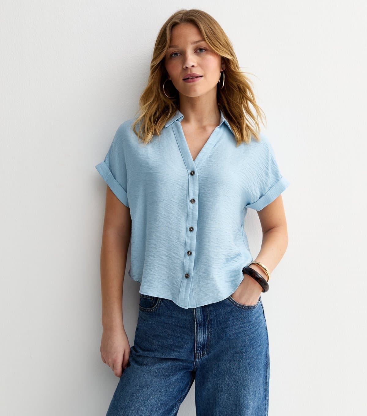 New Look Women's Blue Collared V Neck Short Shirt New Look