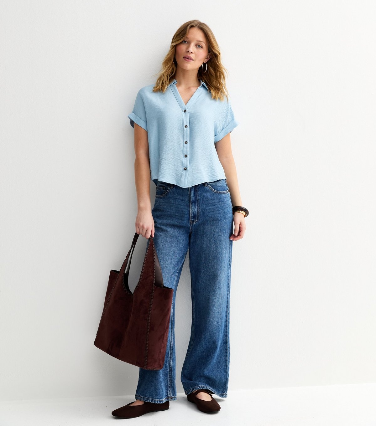 New Look Women's Blue Collared V Neck Short Shirt New Look - 3