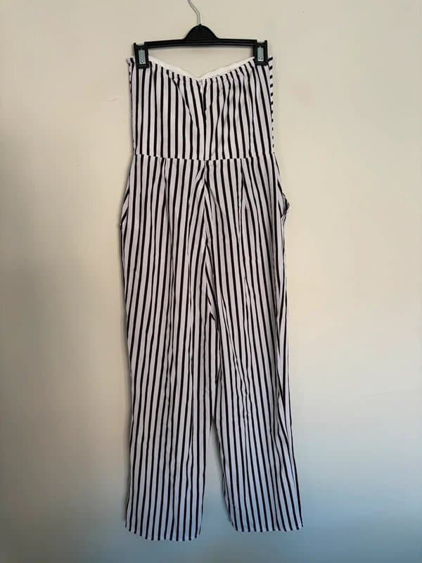Parisian Parisian Black White Stripe Bandeau Culotte Jumpsuit UK 10 Strapless Wide Leg Crop