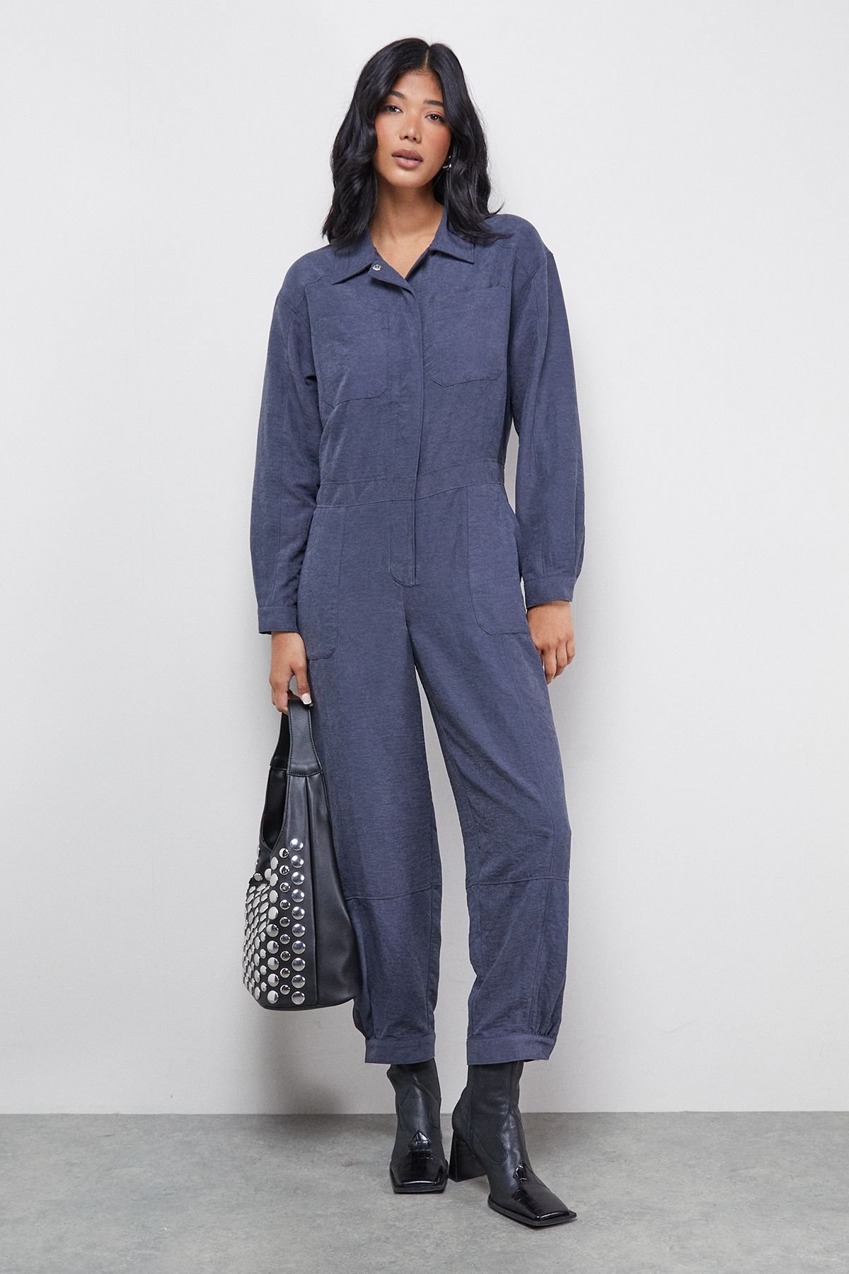 Warehouse Warehouse Women's Petite Peach Satin Utility Boilersuit Jumpsuit in Slate - 2