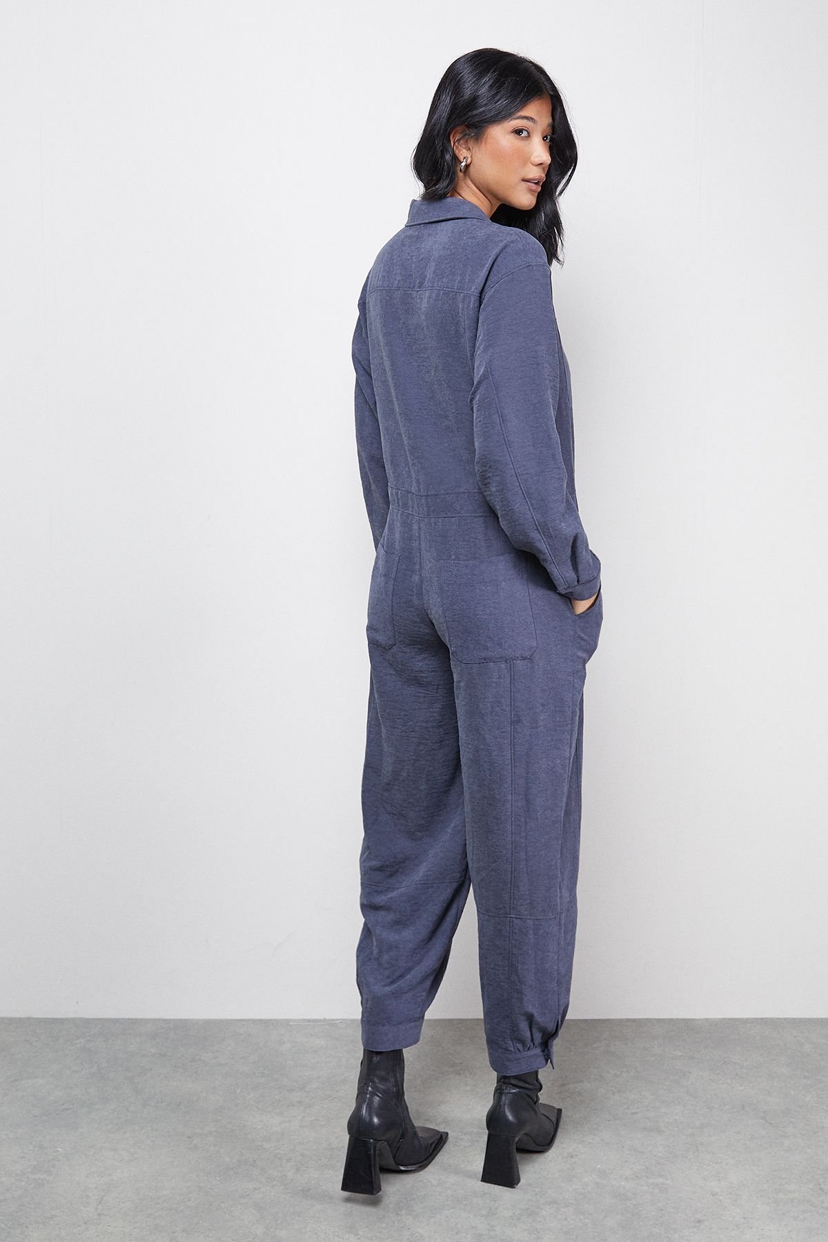 Warehouse Warehouse Women's Petite Peach Satin Utility Boilersuit Jumpsuit in Slate - 3