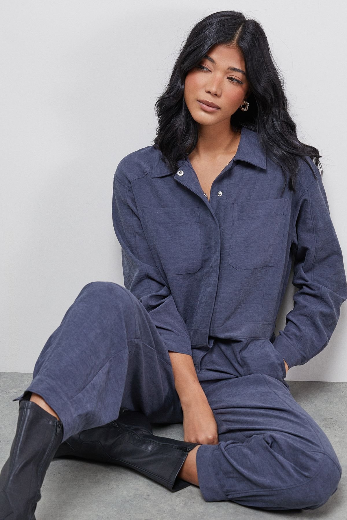 Warehouse Warehouse Women's Petite Peach Satin Utility Boilersuit Jumpsuit in Slate - 4