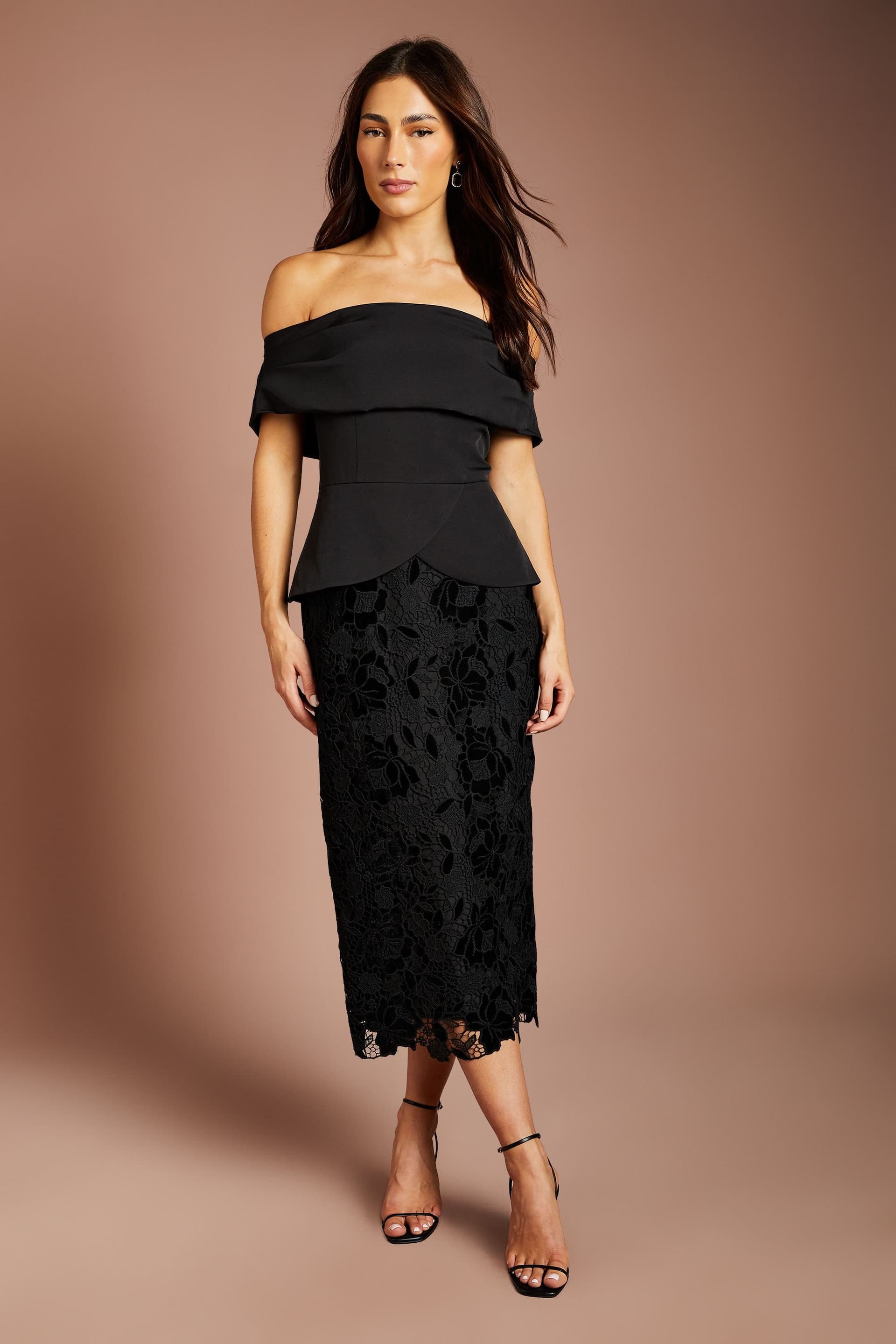 Coast Coast Women's Bardot Peplum Detail Velvet Lace Skirt Midi Dress in Black