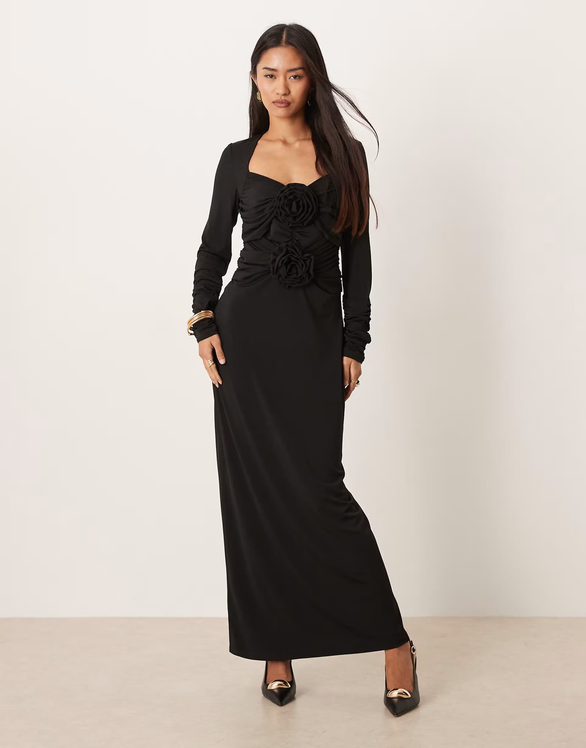 ASOS YAS long ruched sleeve slinky maxi dress with rosette bodice in black