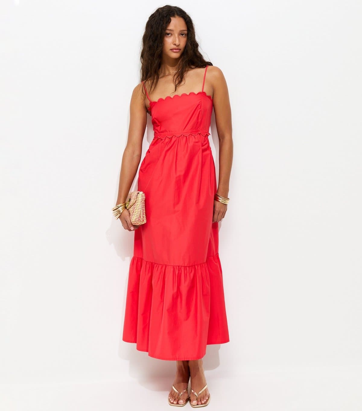 New Look Women's Dark Coral Scalloped Edge Strappy Poplin Midi Dress New Look