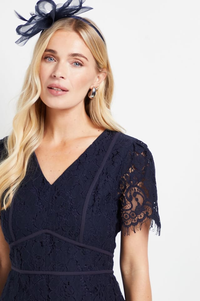 Wallis Wallis Women's Petite Lace Seam Detail Pencil Midi Dress in Navy - 2