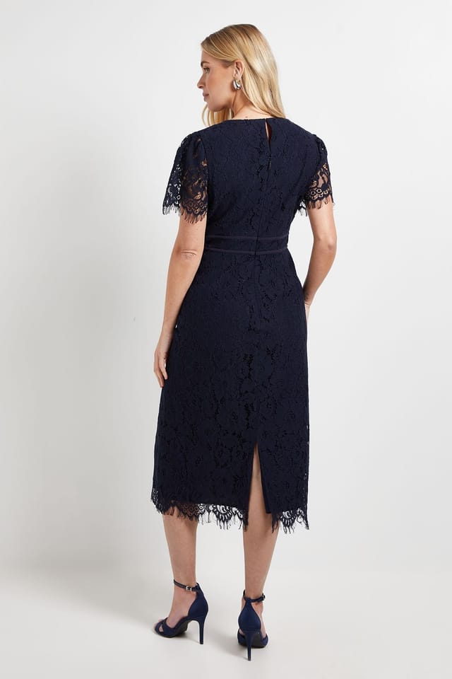 Wallis Wallis Women's Petite Lace Seam Detail Pencil Midi Dress in Navy - 3