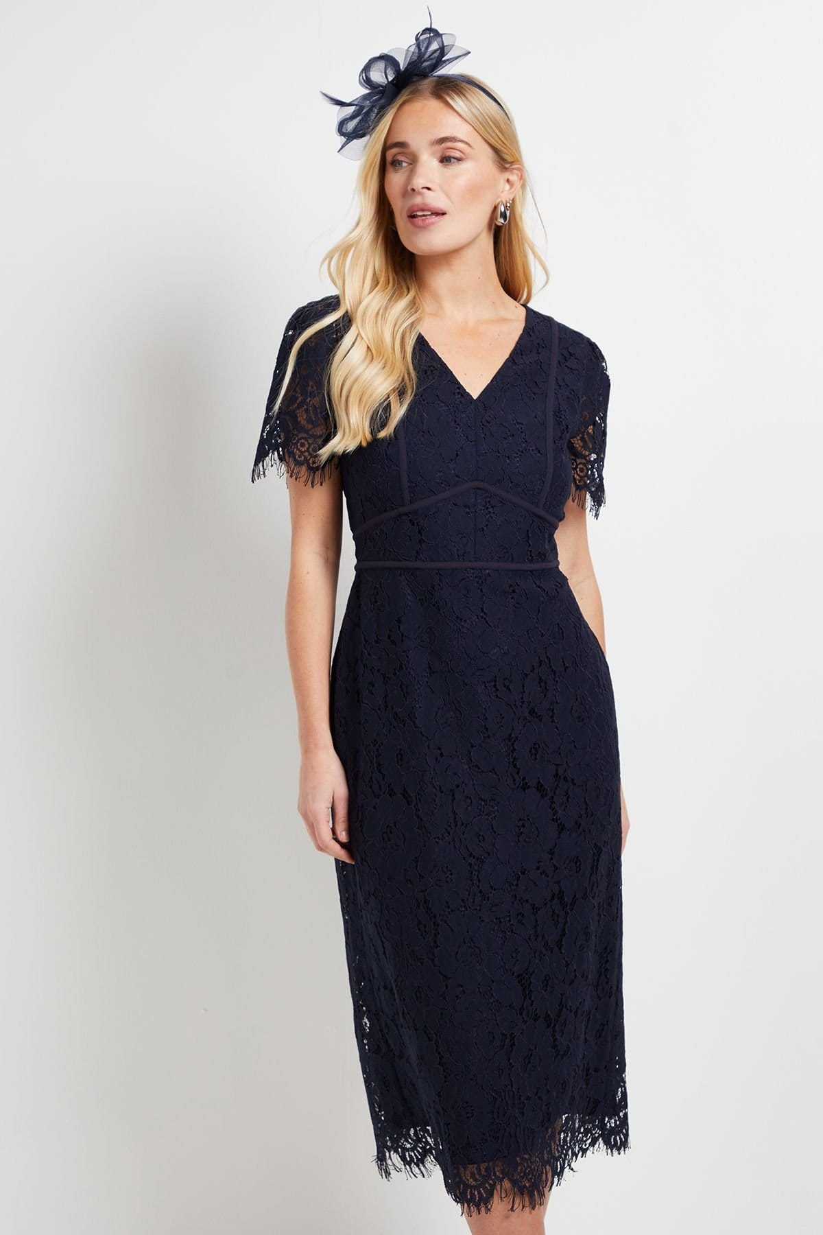 Wallis Wallis Women's Petite Lace Seam Detail Pencil Midi Dress in Navy - 4