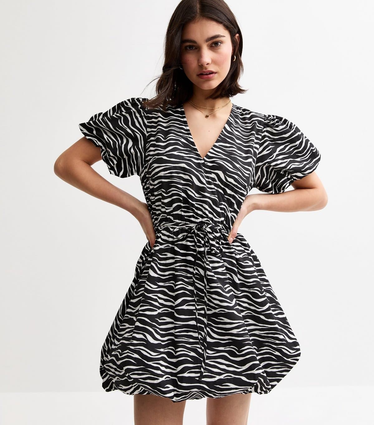 New Look Women's Black Zebra Print Puffball Hem Mini Dress New Look