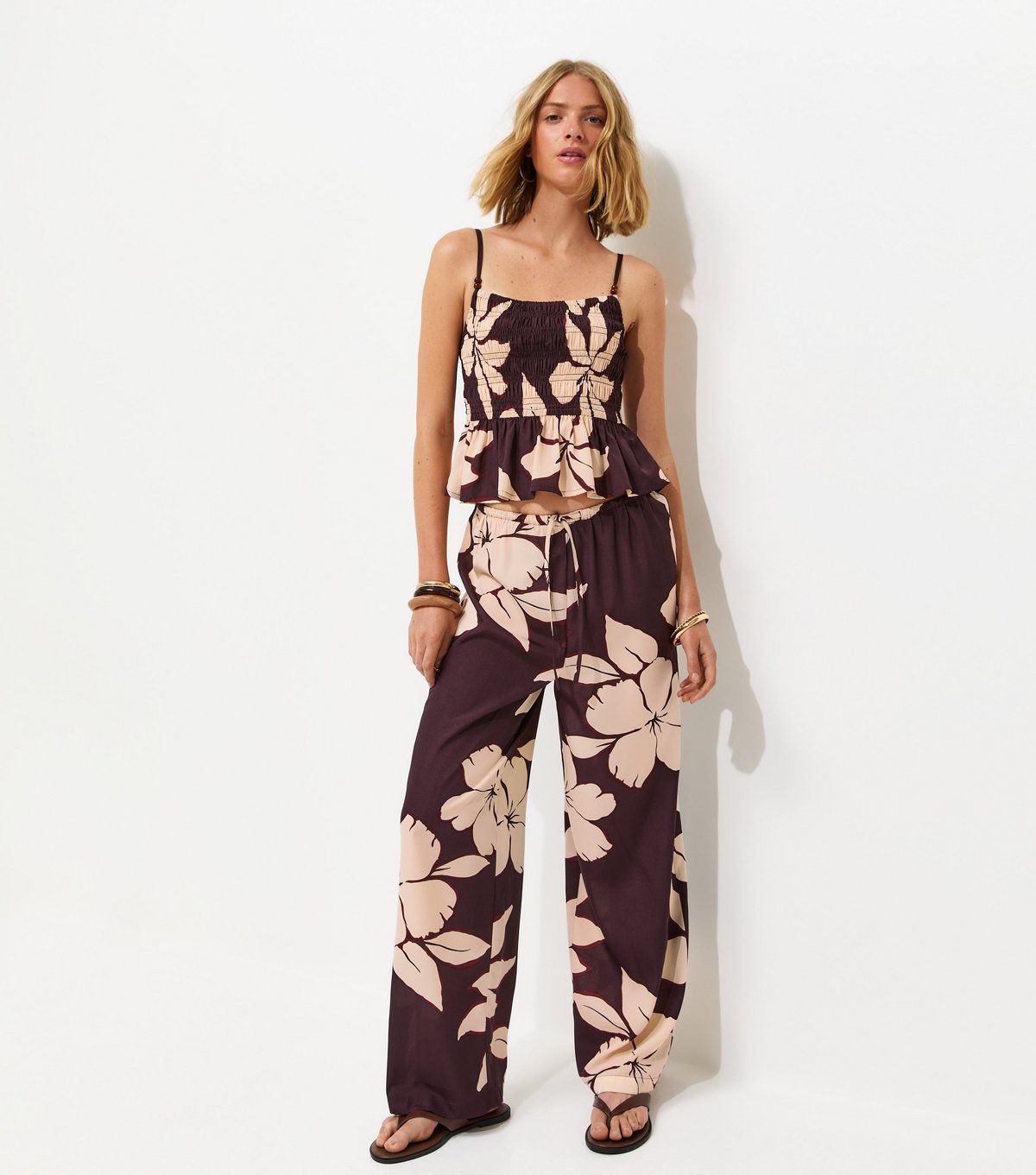 New Look Women's Brown Hibiscus Print Wide Leg Trousers New Look - 2