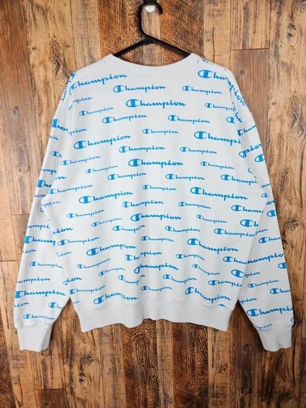 Champion Champion all over logo crewneck sweatshirt - white / blue - unisex l