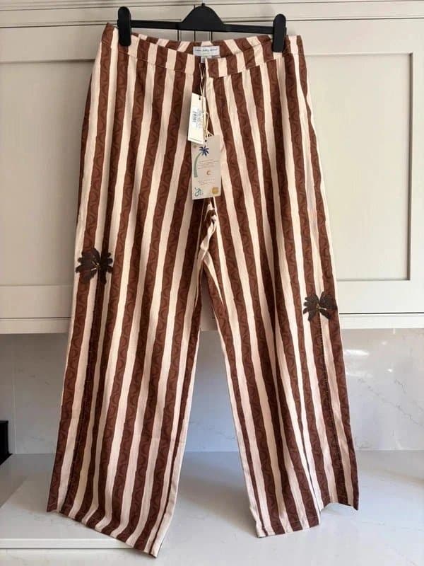 Never Fully Dressed NFD Chocolate Stripe Trousers with palm tree embroidery size 16