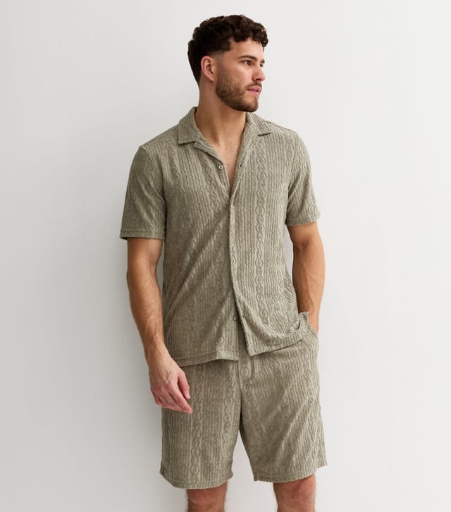 New Look Men's Light Khaki Relaxed Patterned Terry Towelling Shorts New Look - 2