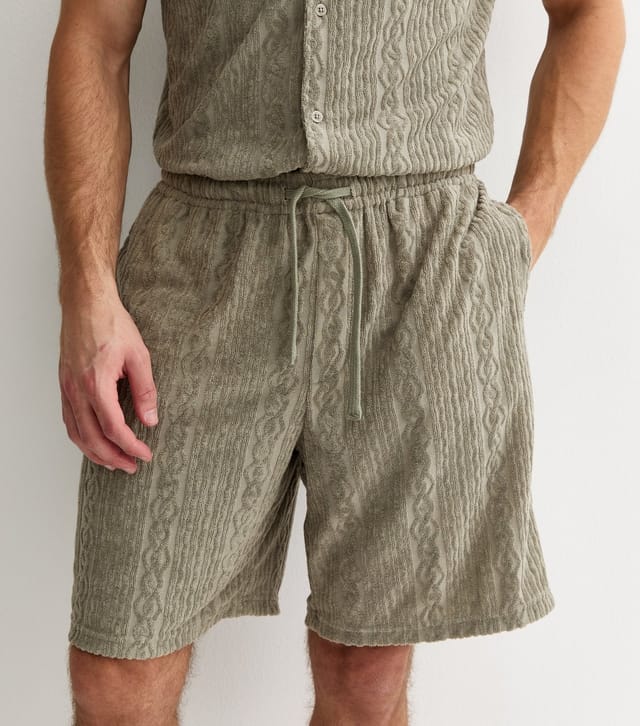 New Look Men's Light Khaki Relaxed Patterned Terry Towelling Shorts New Look - 3