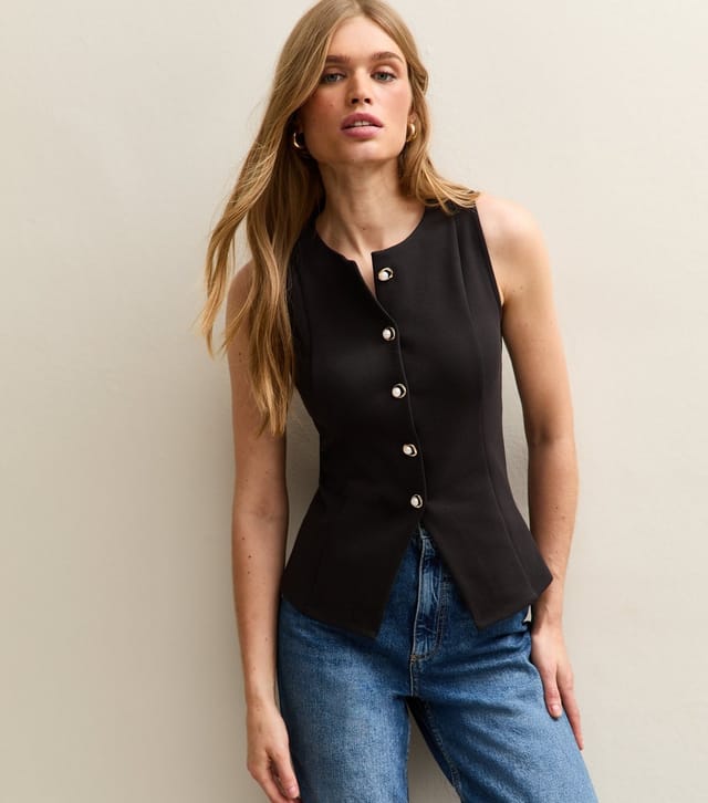 New Look Women's Black Crew Faux Pearl Button Waistcoat New Look - 2