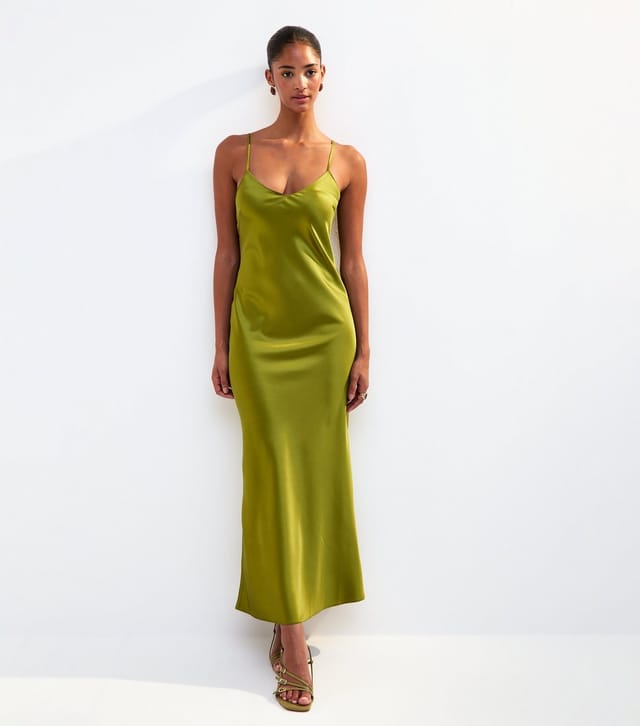 New Look Women's Olive Satin Twist Back Slip Midi Dress New Look - 2