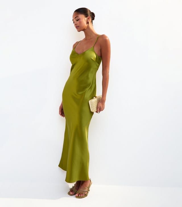 New Look Women's Olive Satin Twist Back Slip Midi Dress New Look - 3