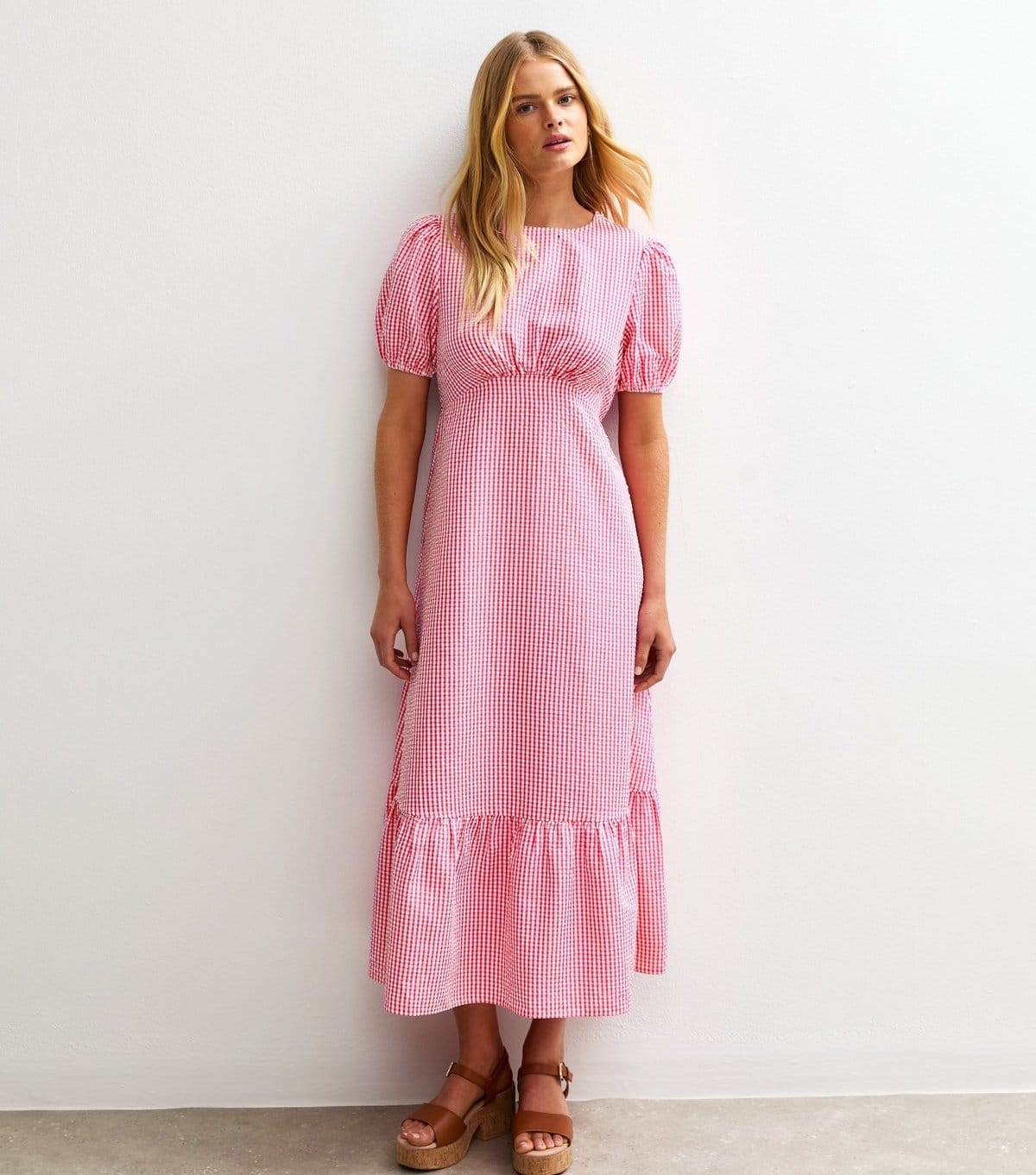 New Look Women's Pink Gingham Print Crinkle Midi Dress New Look - 4