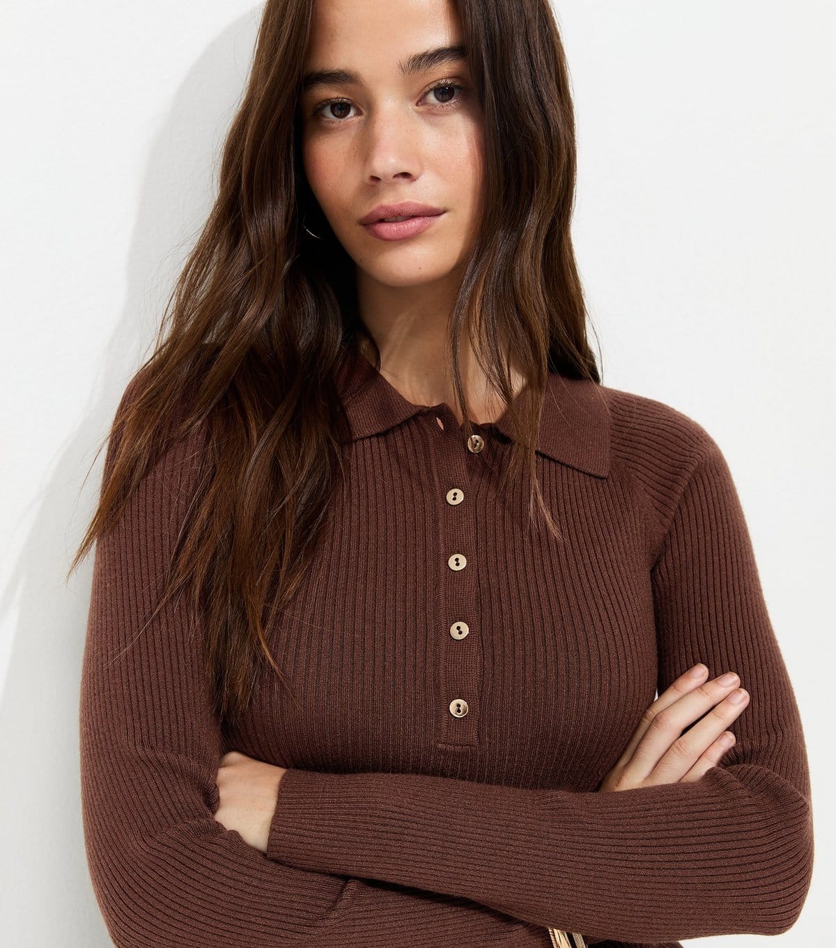 New Look Dark Brown Ribbed Knit Polo Top