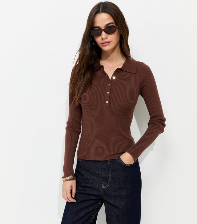 New Look Women's Dark Brown Lightweight Ribbed Polo Top New Look - 2