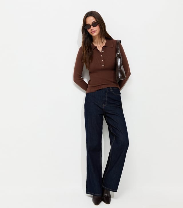 New Look Women's Dark Brown Lightweight Ribbed Polo Top New Look - 3