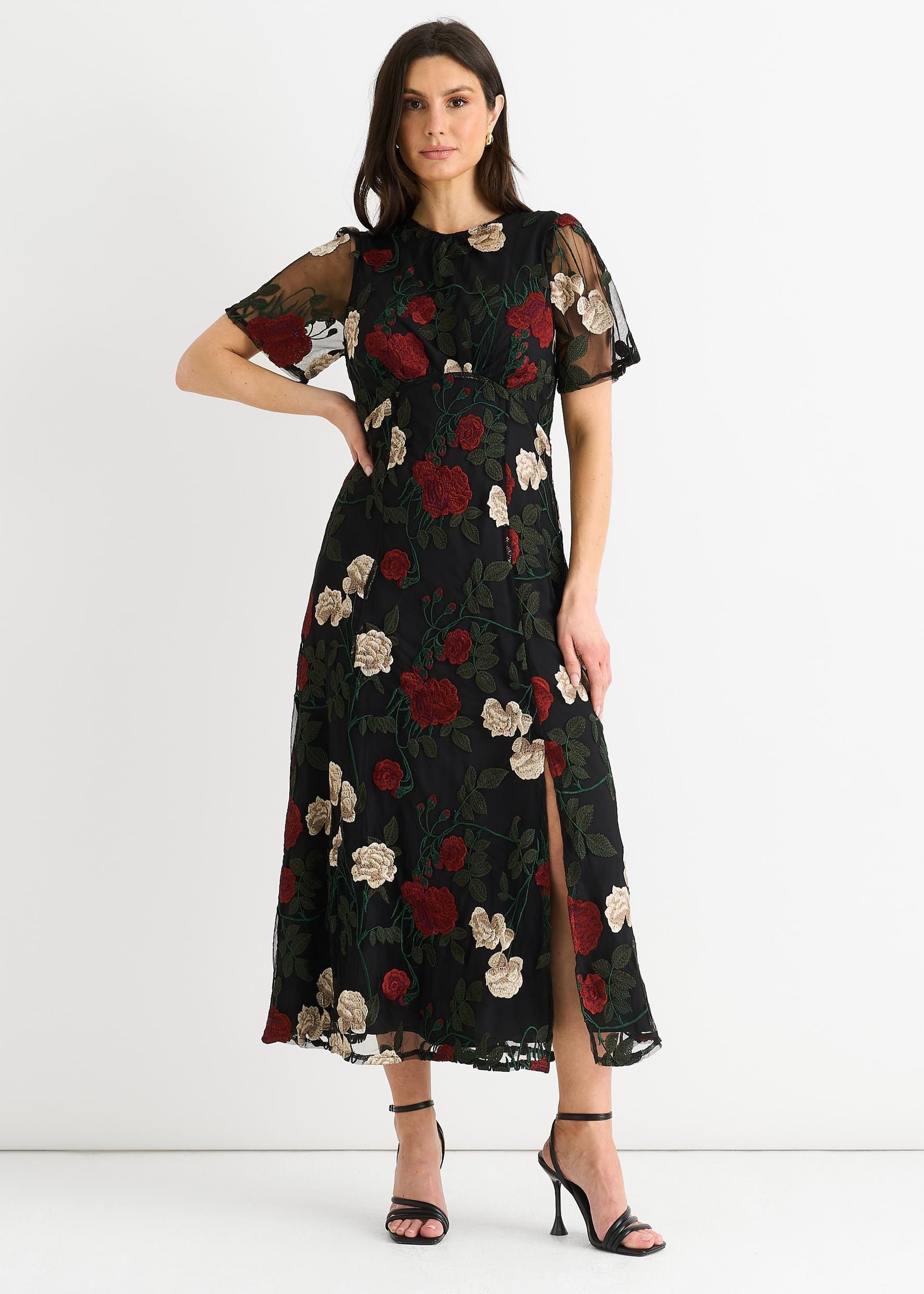 Gini London Gini London Women's Black Angel Sleeves Embroidered Occasion Midi Dress