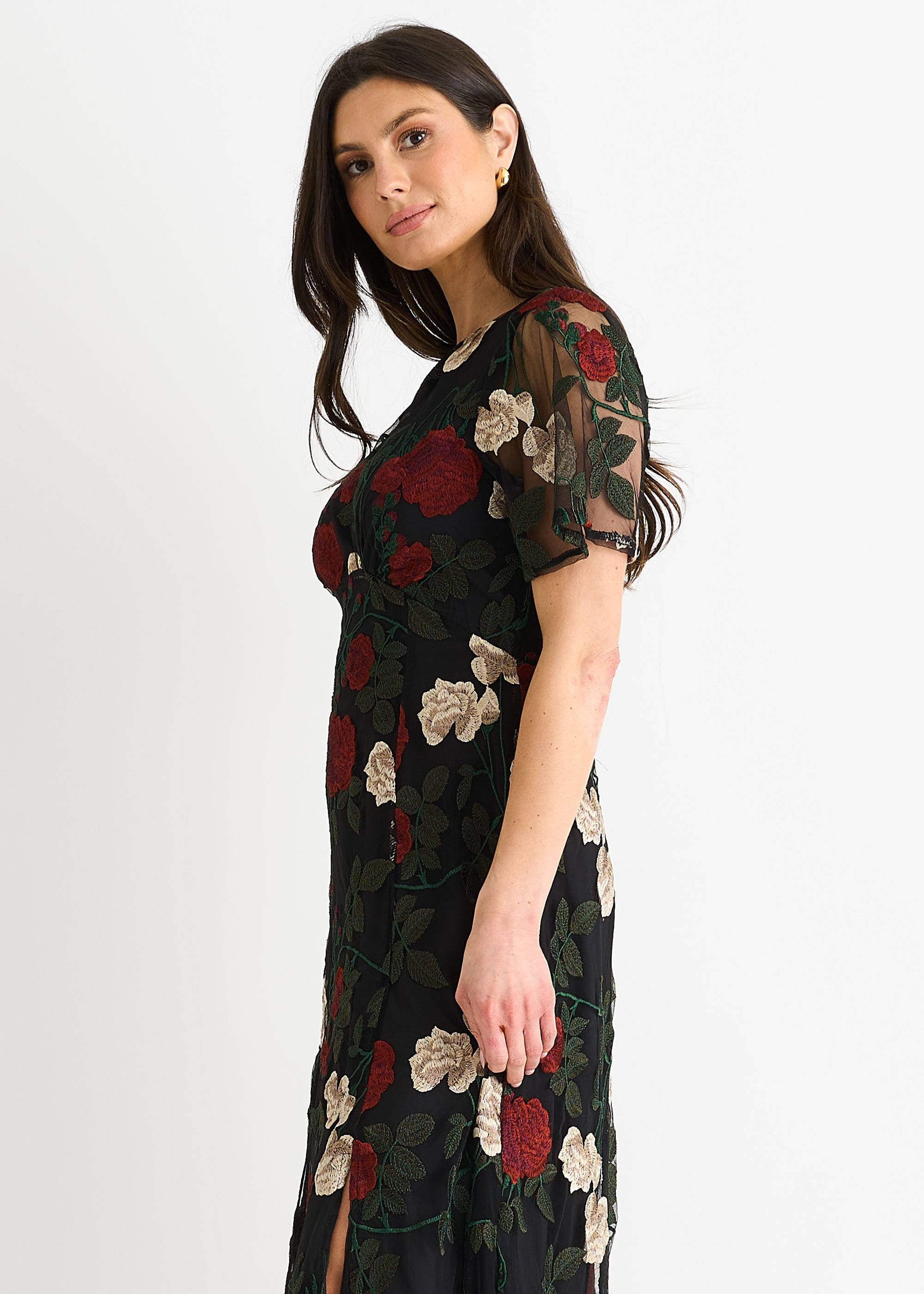 Gini London Gini London Women's Black Angel Sleeves Embroidered Occasion Midi Dress - 3