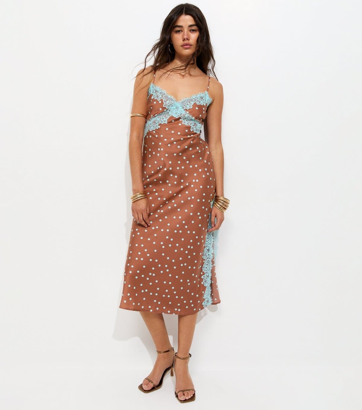 New Look Women's Brown Polka Dot Contrast Lace Trim Slit Midi Dress New Look