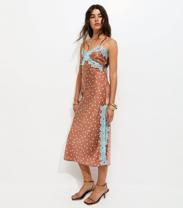 New Look Women's Brown Polka Dot Contrast Lace Trim Slit Midi Dress New Look - 2