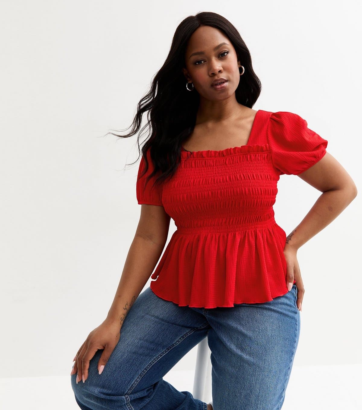 New Look Women's Plus Size Red Crinkled Shirred Top Curves New Look