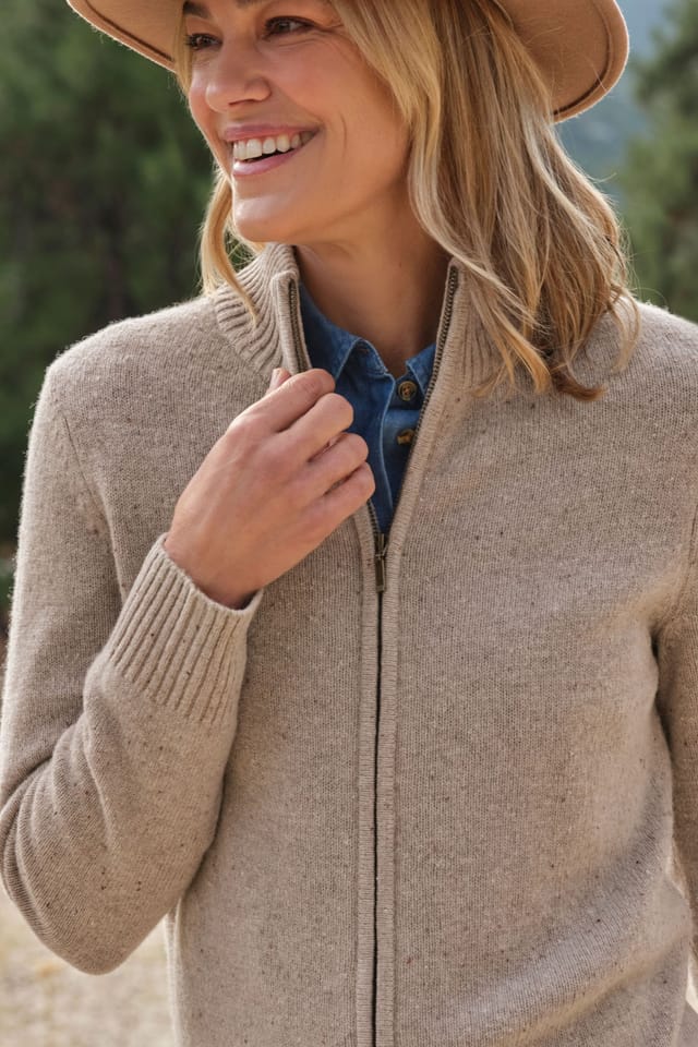 WoolOvers WoolOvers Women's 100% Wool Fitted Zip Thru Cardigan in Beige - 2